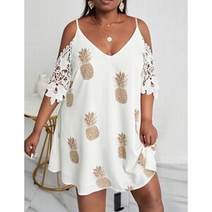 NEW White Pineapple Print Cold Shoulder Lace‎ Sleeve Mini Dress Shein Curve 0XL
